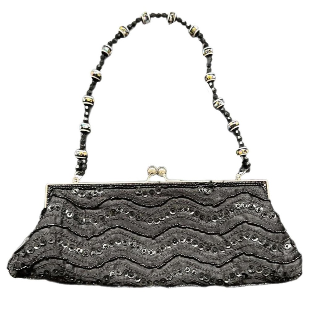 Chateau Evening Bag Black Beaded Sequin Satin Vintage Clutch OS